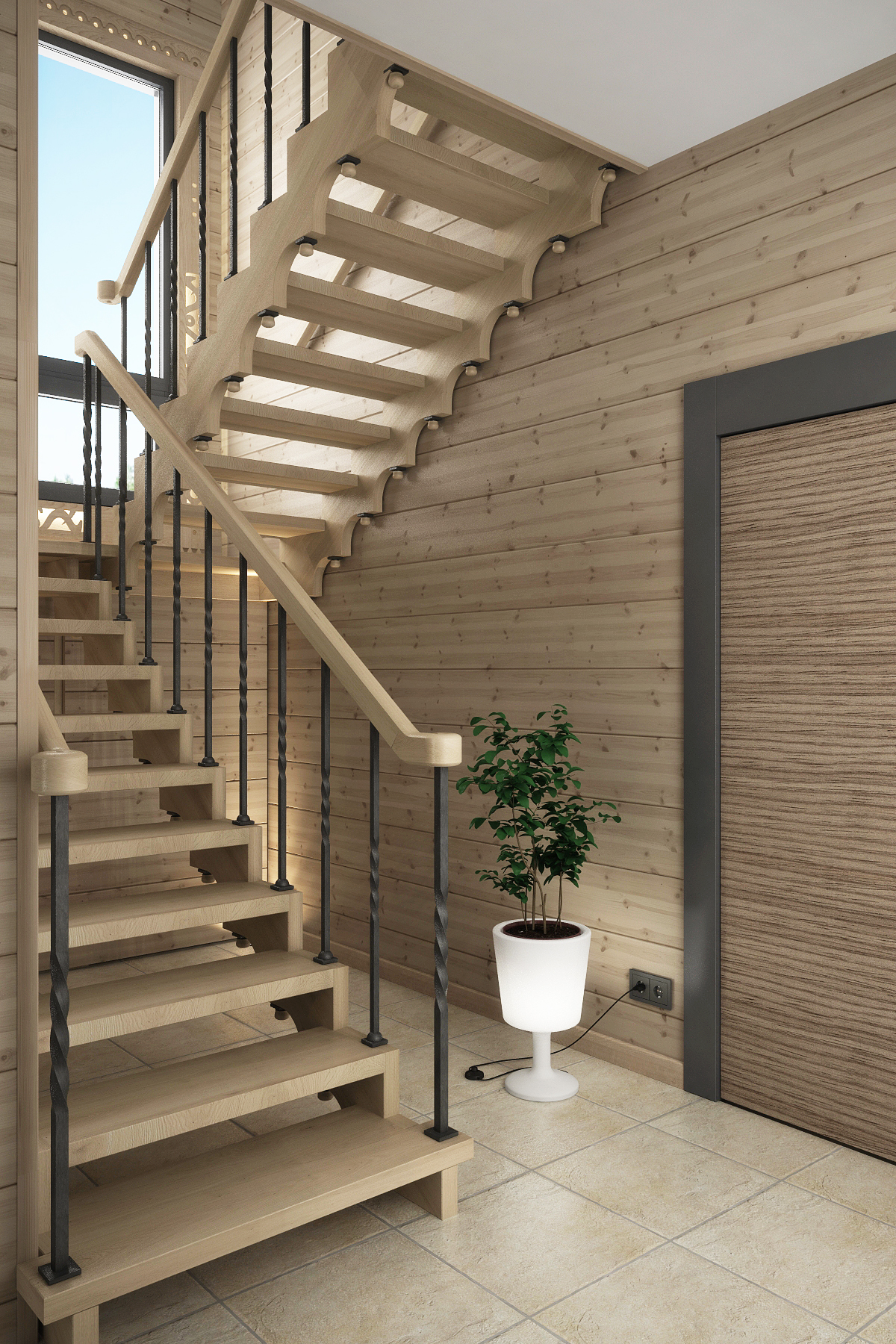 Дизайн лестницы в доме из бруса